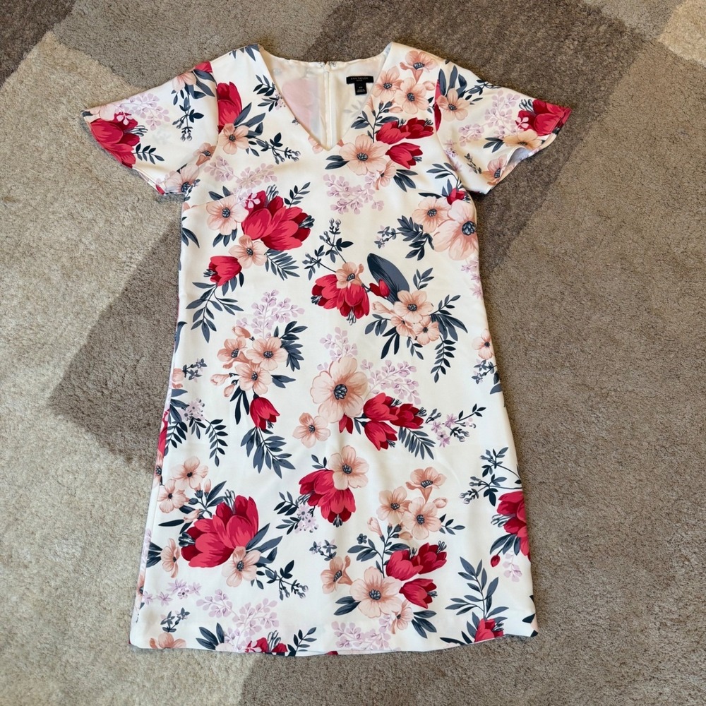 Ann Taylor Petite Floral Shift Dress Cream Red Pink V-Neck Short Sleeve XSP - Picture 1 of 7